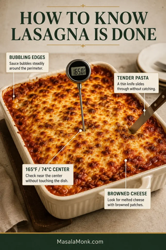 A browned lasagna with an instant-read thermometer inserted near the center and a knife checking the pasta, with bubbling edges visible around the pan.