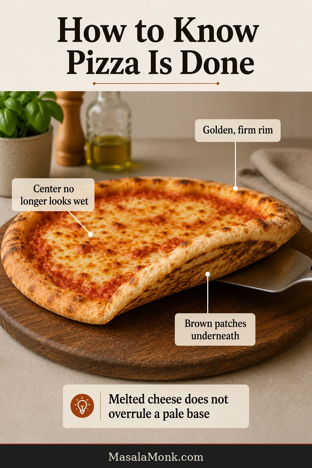 Finished pizza lifted slightly with a metal spatula to show a set center, golden rim and browned underside.