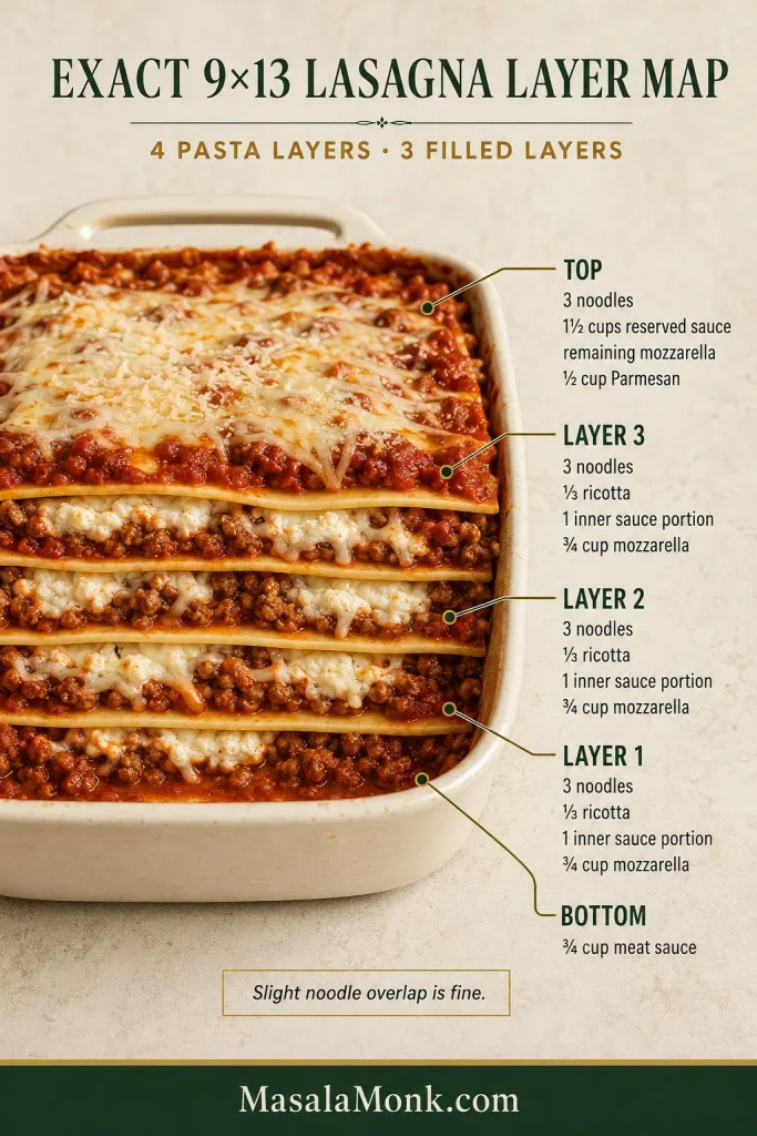 A cutaway lasagna diagram showing four pasta layers separated by three ricotta and meat sauce layers, with sauce beneath and sauce and cheese on top.