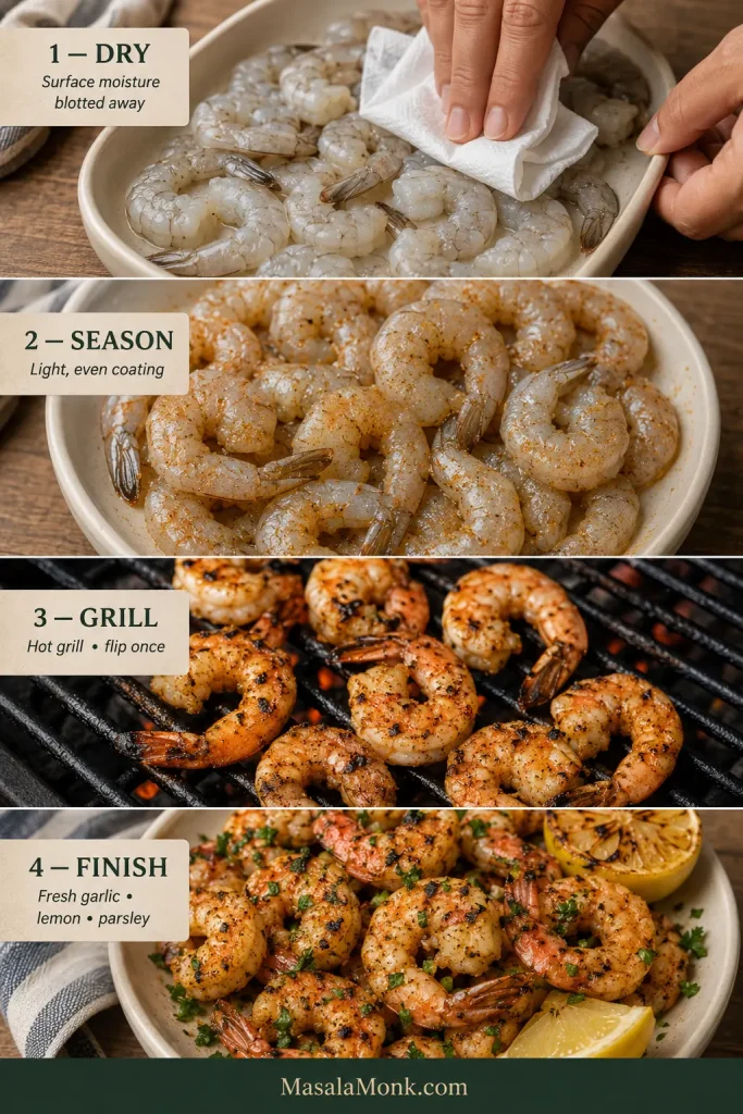 Four-step cooking sequence showing raw shrimp being dried, lightly seasoned, grilled over hot grates and finished with lemon, fresh garlic and parsley.