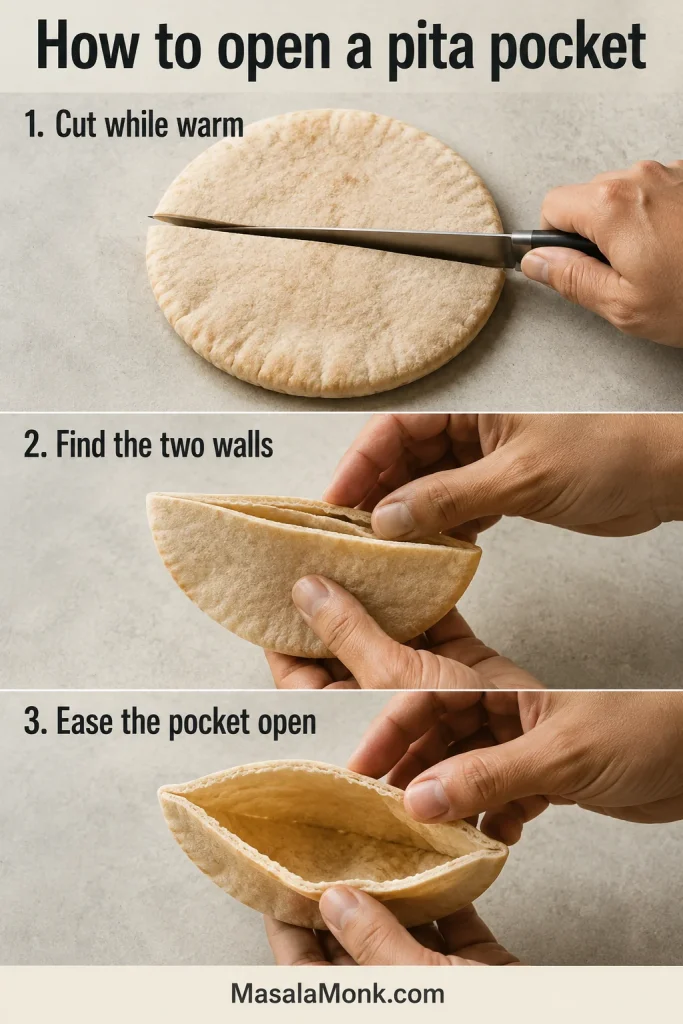 Three-step sequence showing a warm pita cut in half, its separated walls identified and the pocket gently opened.