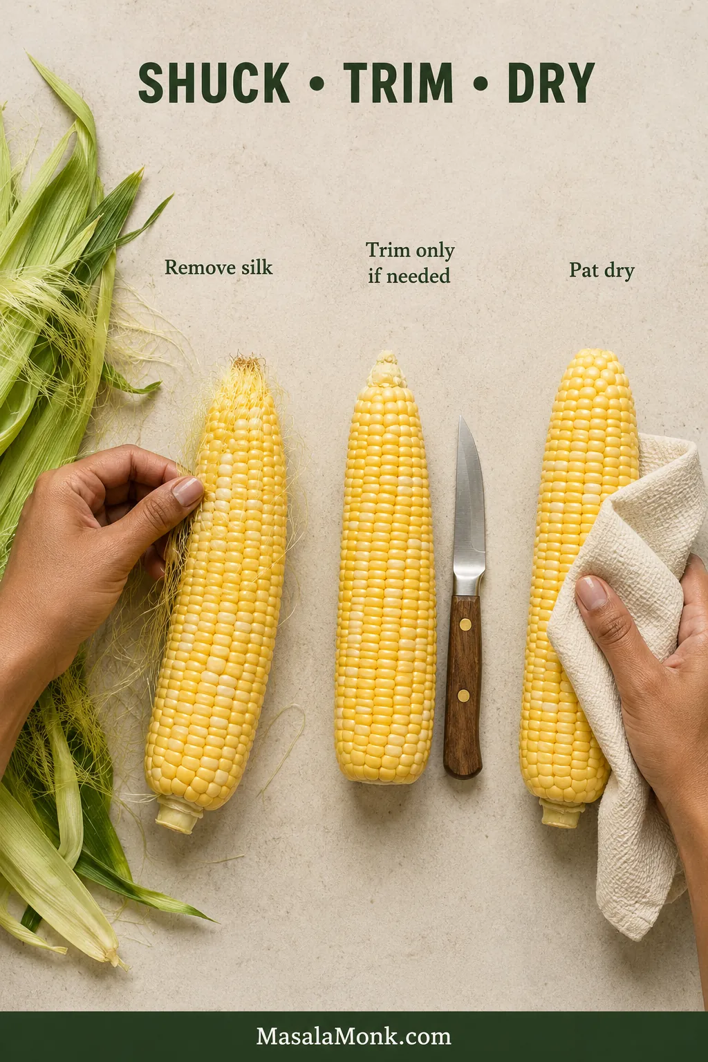 Corn being prepared by removing silk, trimming the narrow tip and patting the exposed kernels dry with a cloth.