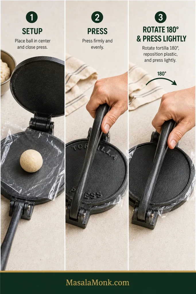 Three-panel guide showing masa between plastic liners, a tortilla being pressed, then rotated 180 degrees for a lighter second press.