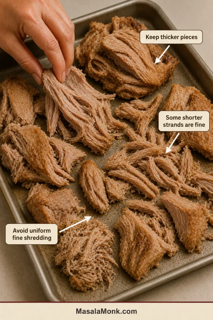 Cooked pork on a metal tray includes broad chunks, shorter strands and a small example of pork shredded too finely.