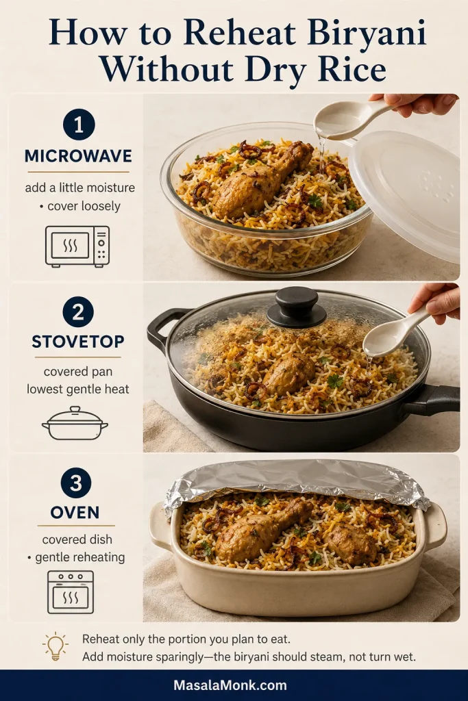 Reheating guide showing chicken biryani in a loosely covered microwave bowl, a covered stovetop pan and a covered oven dish.
