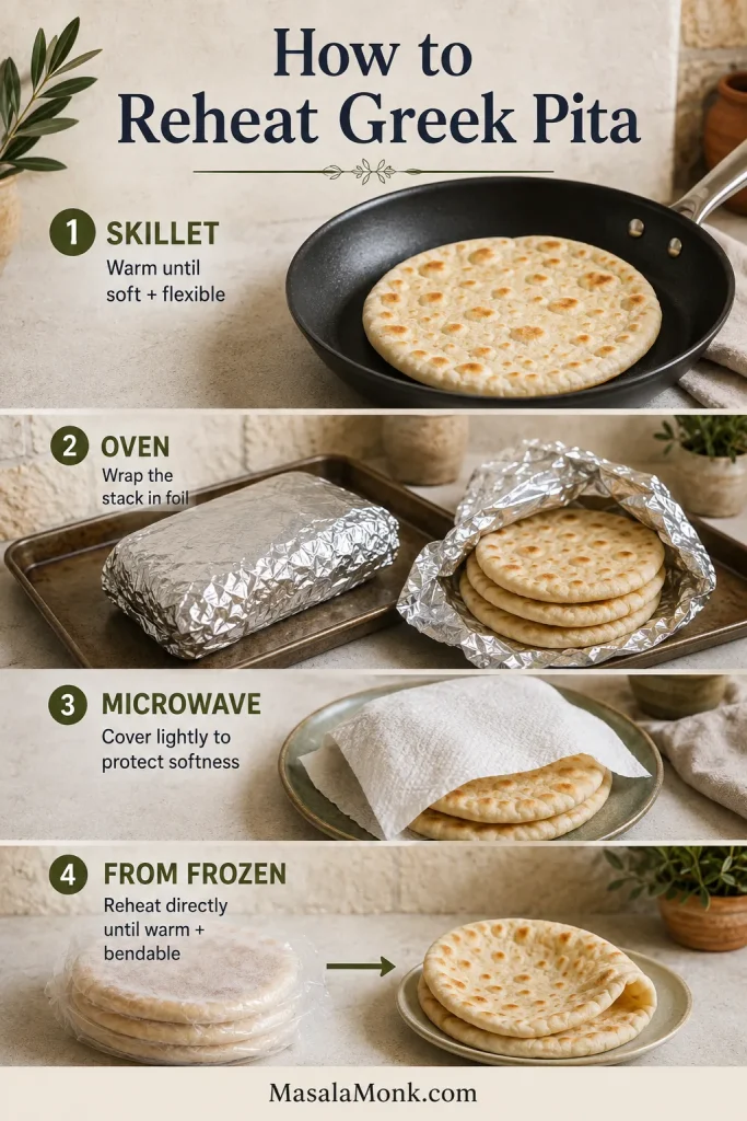 Four Greek pita reheating methods: warm in a skillet, heat a foil-wrapped stack in the oven, microwave lightly covered, or reheat directly from frozen until flexible.