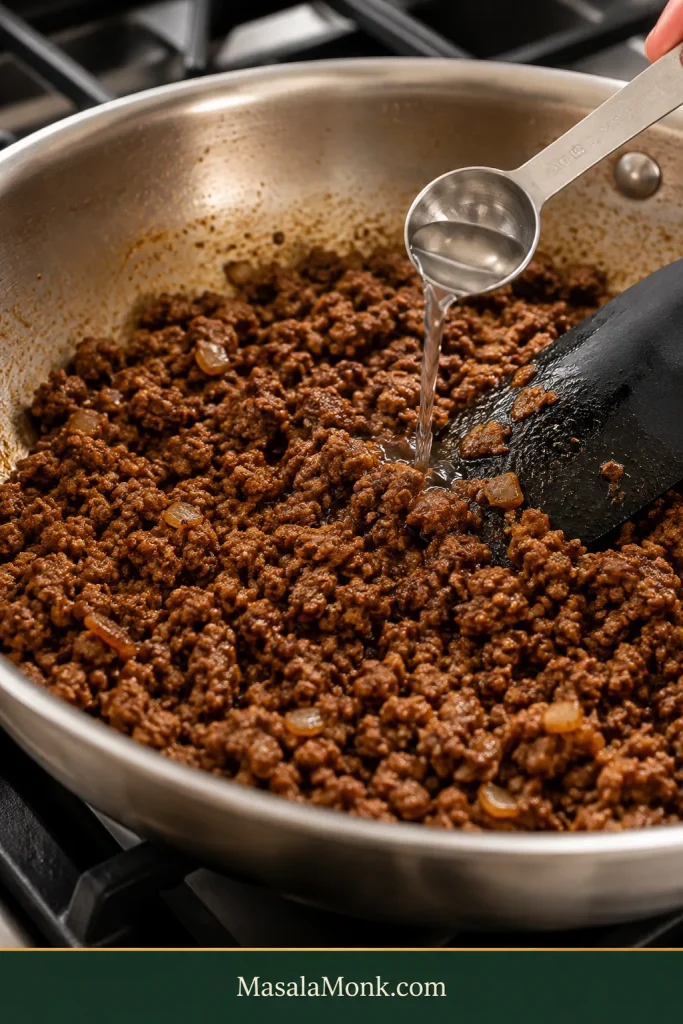 Cooked ground beef taco meat reheating in a stainless-steel skillet while a tablespoon measure adds a small amount of clear liquid beside a spatula.