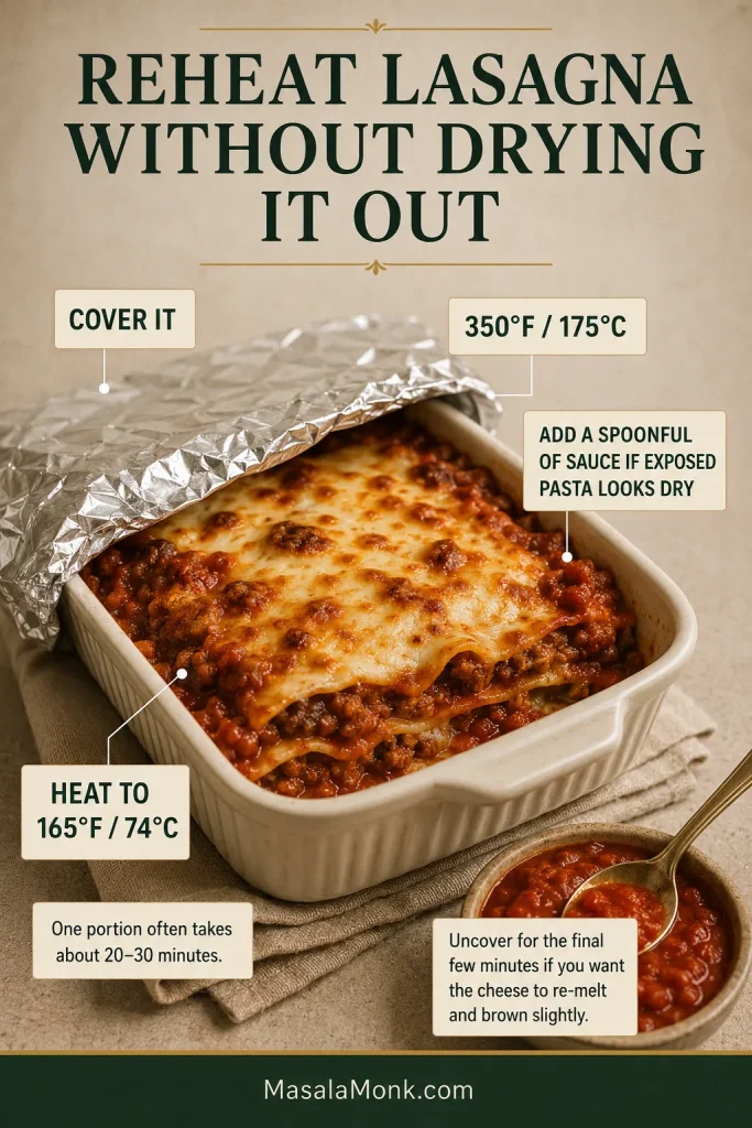 A single lasagna portion reheating in a small ivory oven-safe dish with foil partially covering it and extra tomato sauce nearby.