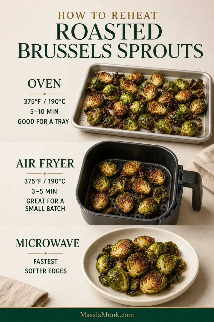 Reheating guide showing Brussels sprouts on an oven tray, in an air-fryer basket and in a microwave serving bowl with the corresponding method guidance.