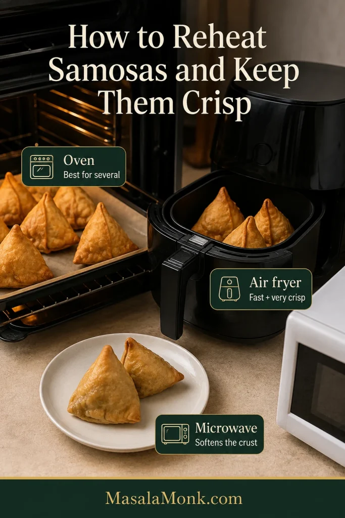 Reheating comparison showing samosas in an oven, an air-fryer basket and on a plate beside a microwave.
