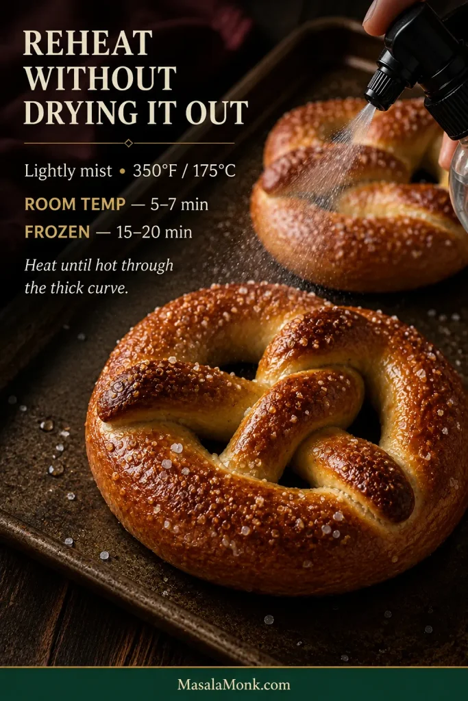 Golden soft pretzels on a dark baking tray being lightly misted with water before reheating, with oven temperature and timings printed beside them.