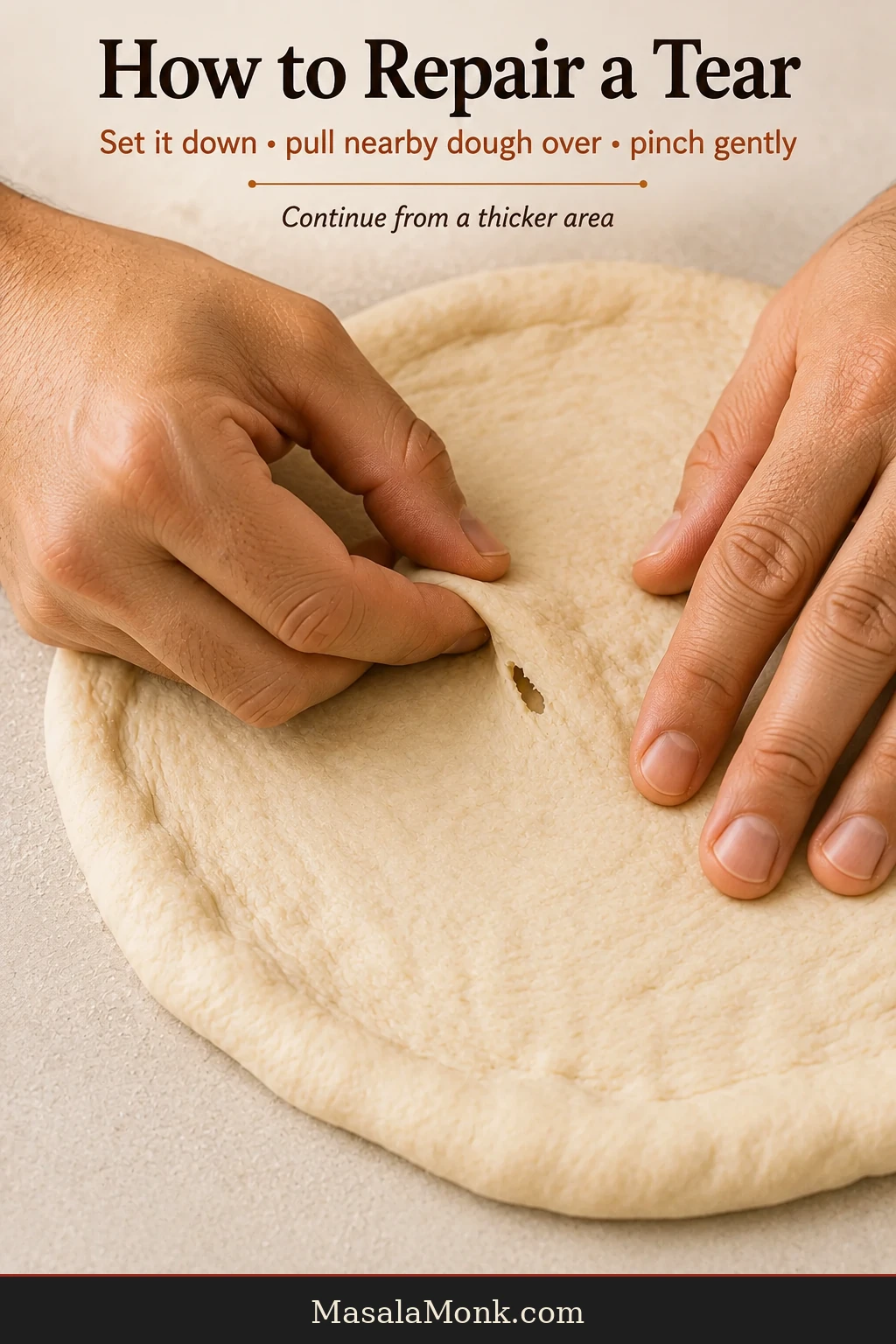Close view of hands pulling nearby pizza dough over a small hole and gently pinching the tear closed.