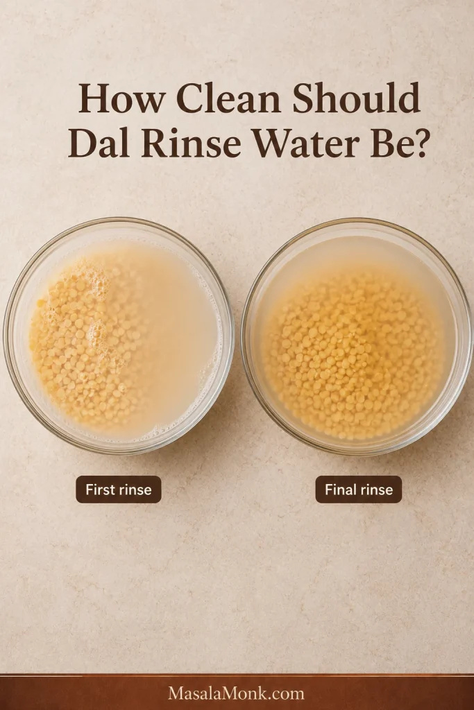 Two bowls showing very cloudy first-rinse water and lightly hazy water after repeatedly washing toor dal.