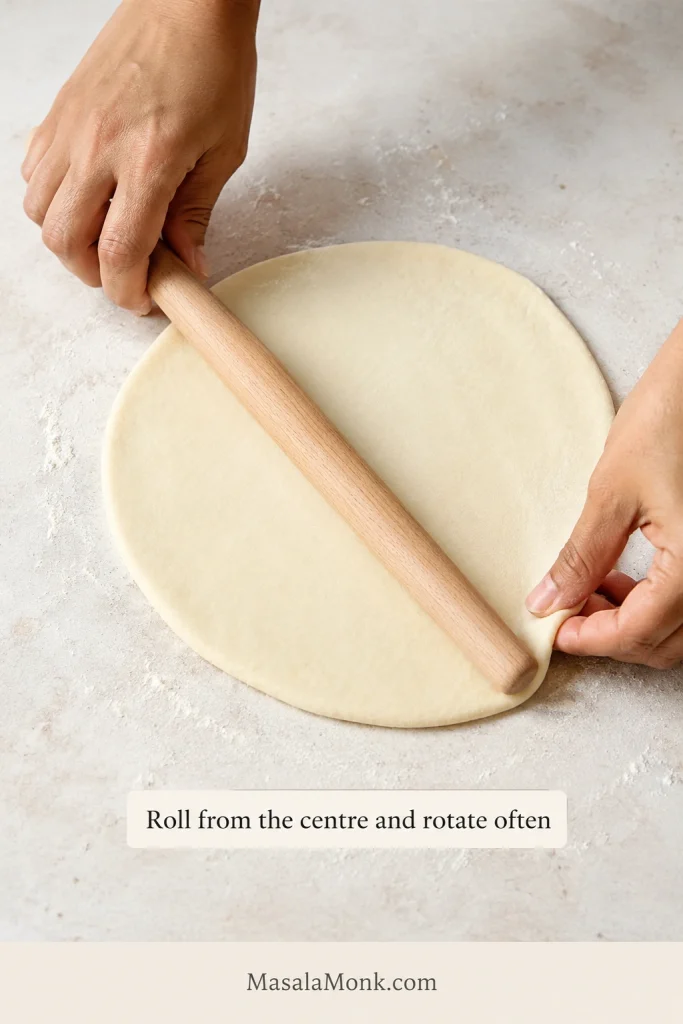 Hands rolling pita dough outward from the center while lifting the edge to rotate the round.