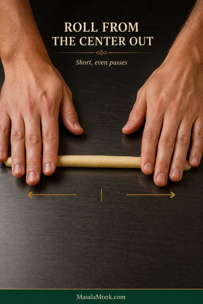 Two hands rolling a long pretzel dough rope from its center toward the ends on a mostly bare dark work surface.