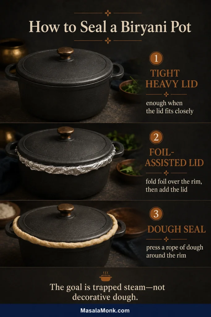Three biryani-pot sealing options: a close-fitting heavy lid, foil beneath the lid and a rope of dough around the rim.