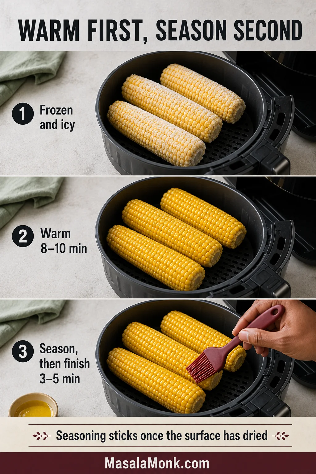 Frozen corn shown frosty, then warmed until dry and finally brushed with butter or oil before further air frying.