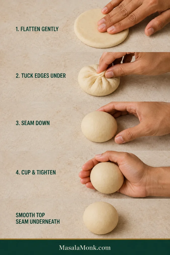 Step-by-step shaping sequence showing dough flattened gently, edges tucked underneath, seam placed down and the dough cupped into a smooth round.
