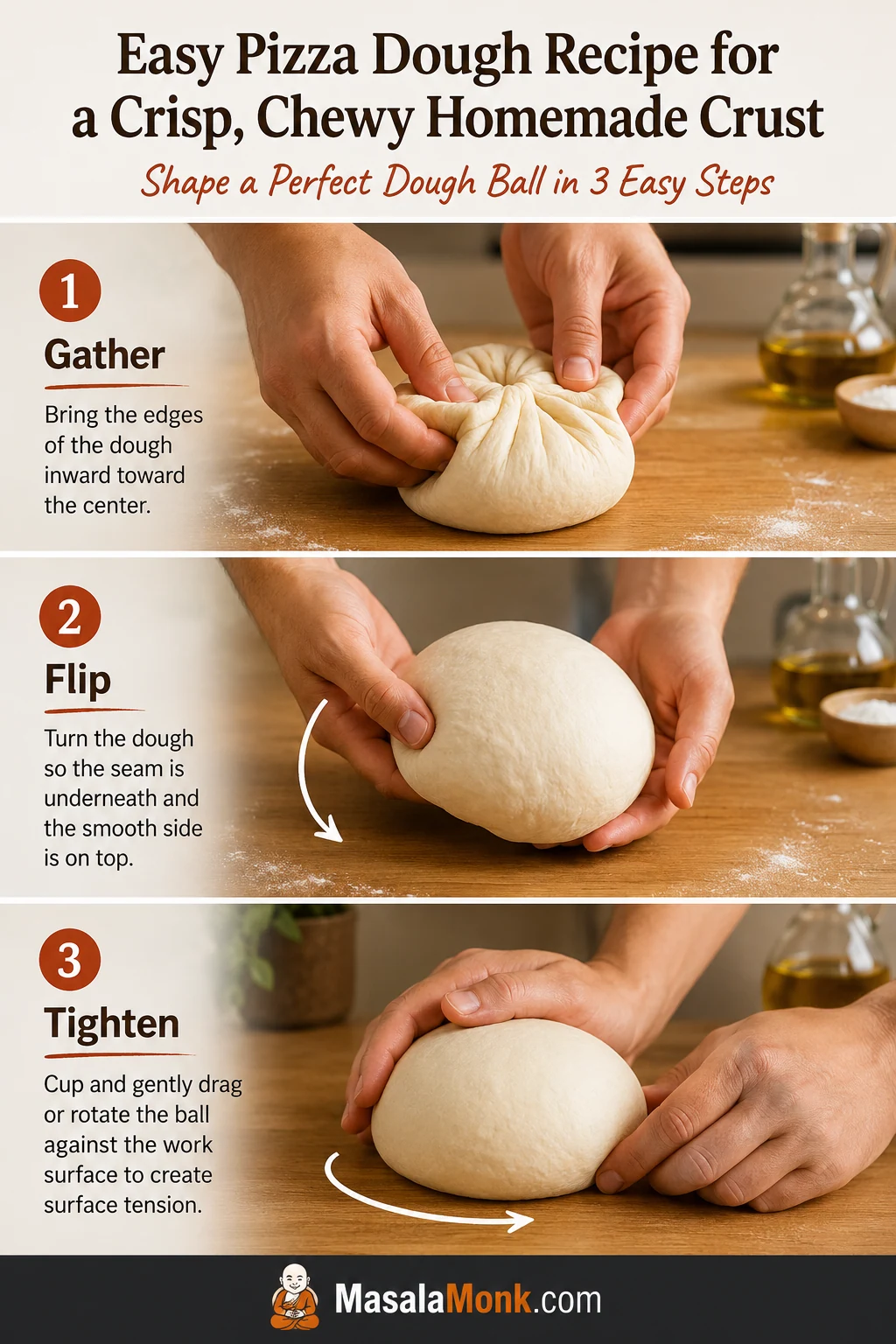 Hands folding pizza dough edges toward the center, turning the seam underneath and rounding the portion into a smooth ball.