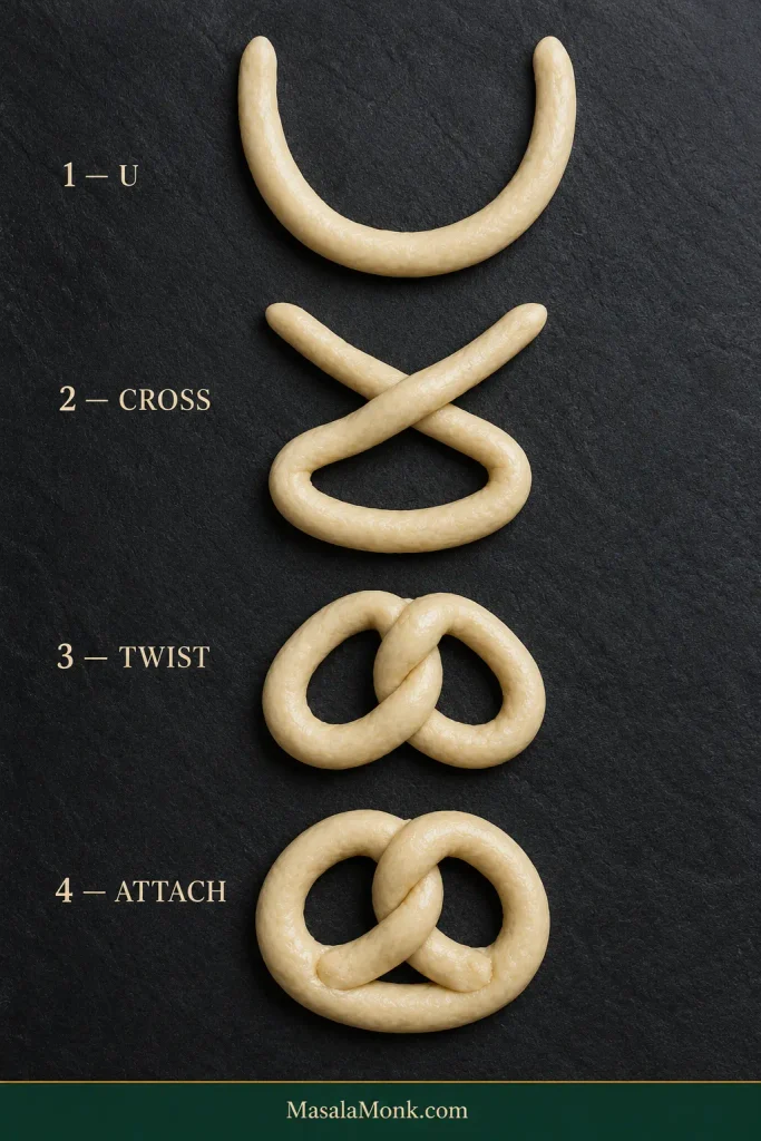 Step-by-step sequence showing a pretzel dough rope formed into a U, crossed, twisted once and attached to the lower curve.