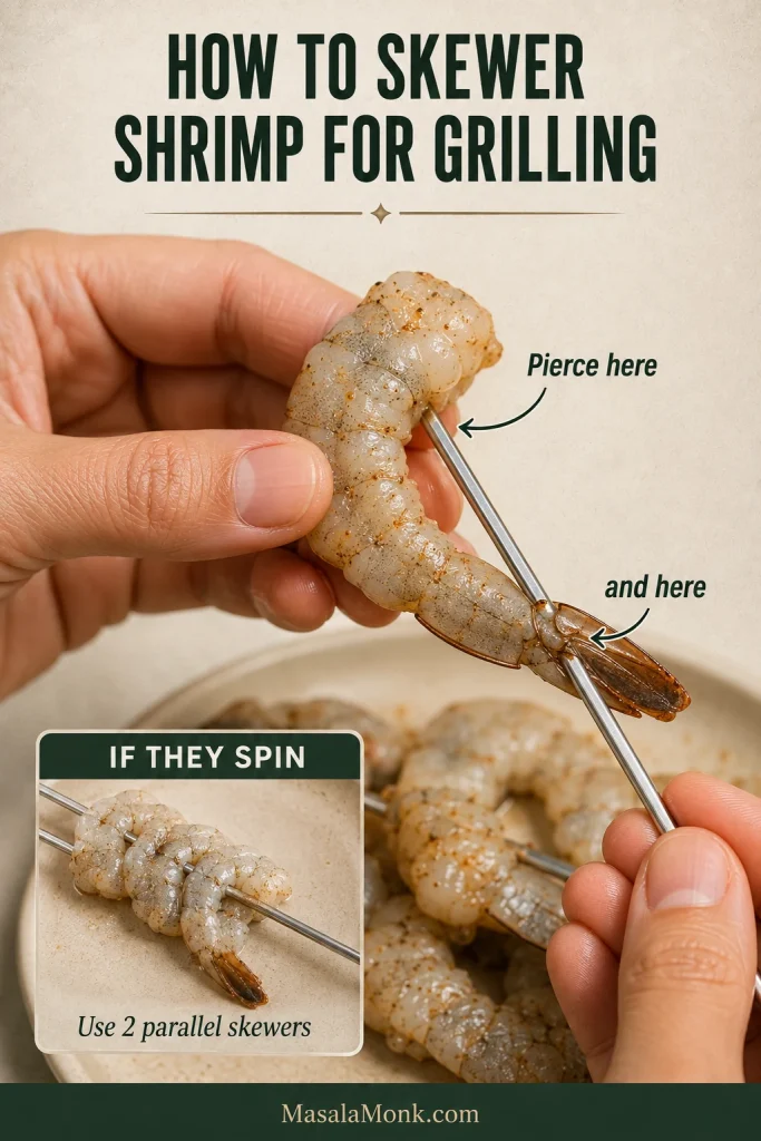 Hands threading large raw shrimp onto a metal skewer through the thick body and near the tail, with a smaller example showing two parallel skewers.