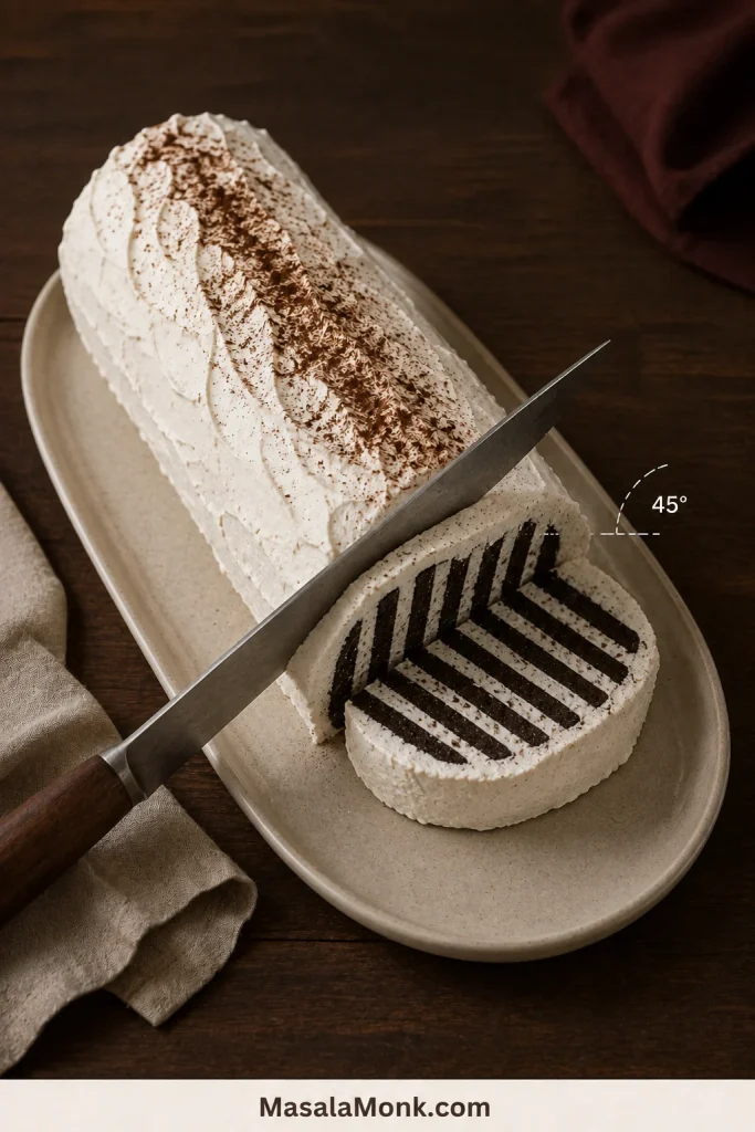 Long knife positioned at a marked 45-degree angle across a chocolate wafer icebox cake with one striped slice removed.