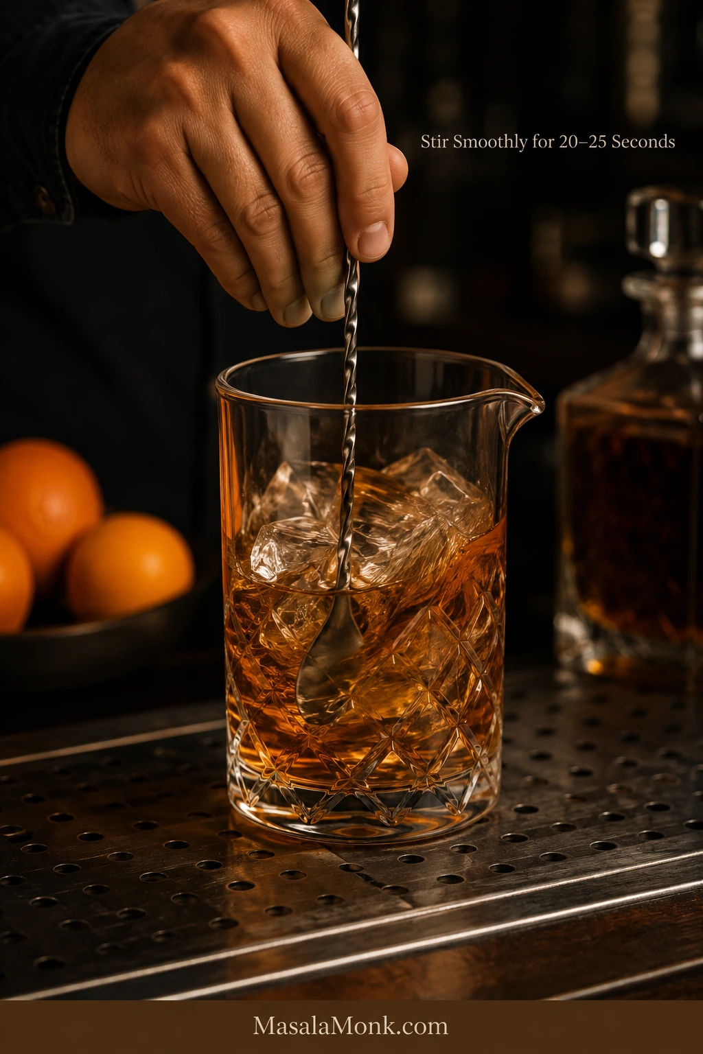 Hand stirring amber whiskey, sweetener, and bitters with ice in a clear mixing glass using a long bar spoon.