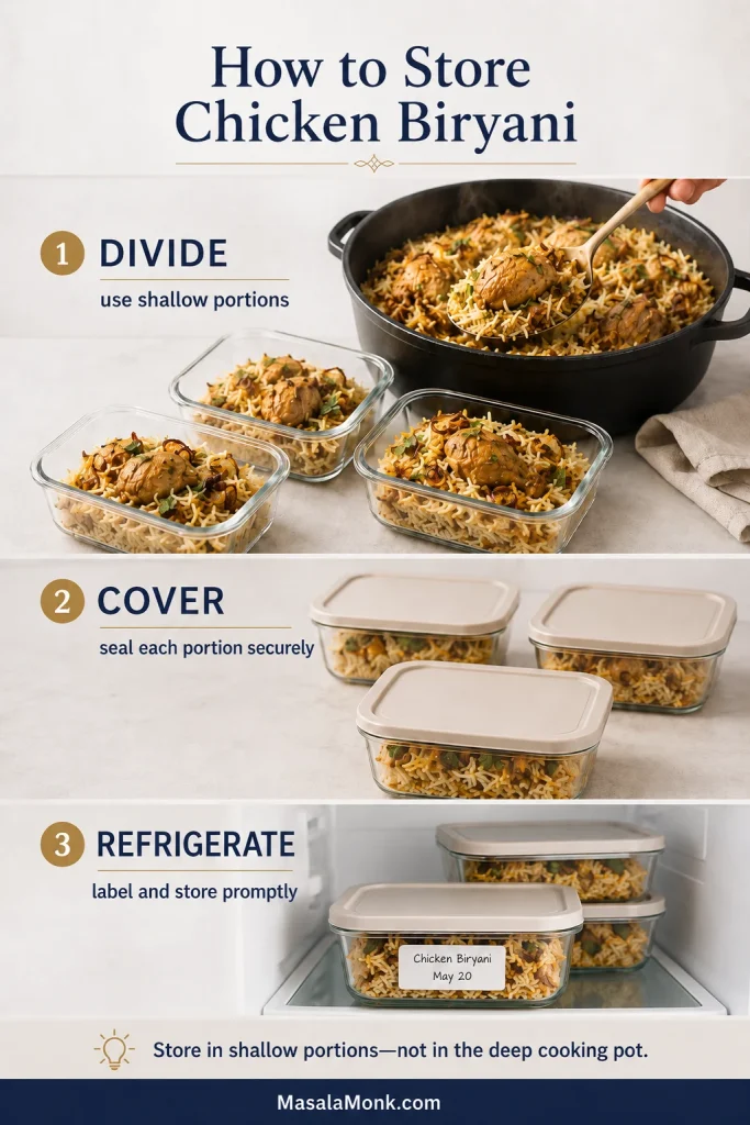Storage guide showing chicken biryani divided into shallow glass containers, covered, labelled and placed on a refrigerator shelf.