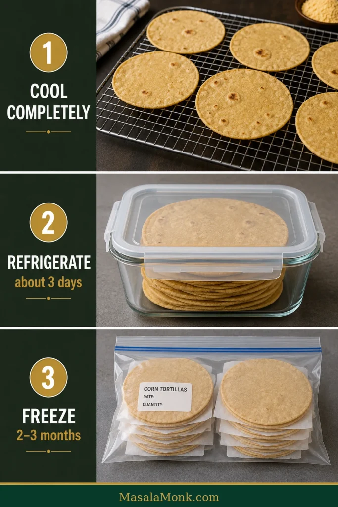 Three-part storage guide showing corn tortillas cooling, refrigerated in an airtight container, and frozen in groups separated with parchment.