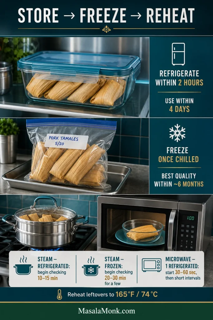 Storage and reheating guide showing cooked tamales refrigerated within two hours, frozen once chilled, and reheated in a steamer or microwave, with refrigerator, freezer and reheating times.