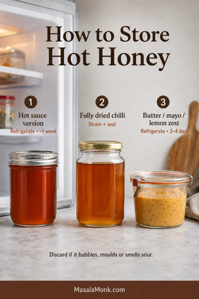 Three containers illustrating storage for smooth bottled-sauce hot honey, strained fully dried-chilli honey, and a refrigerated butter or creamy hot honey variation.