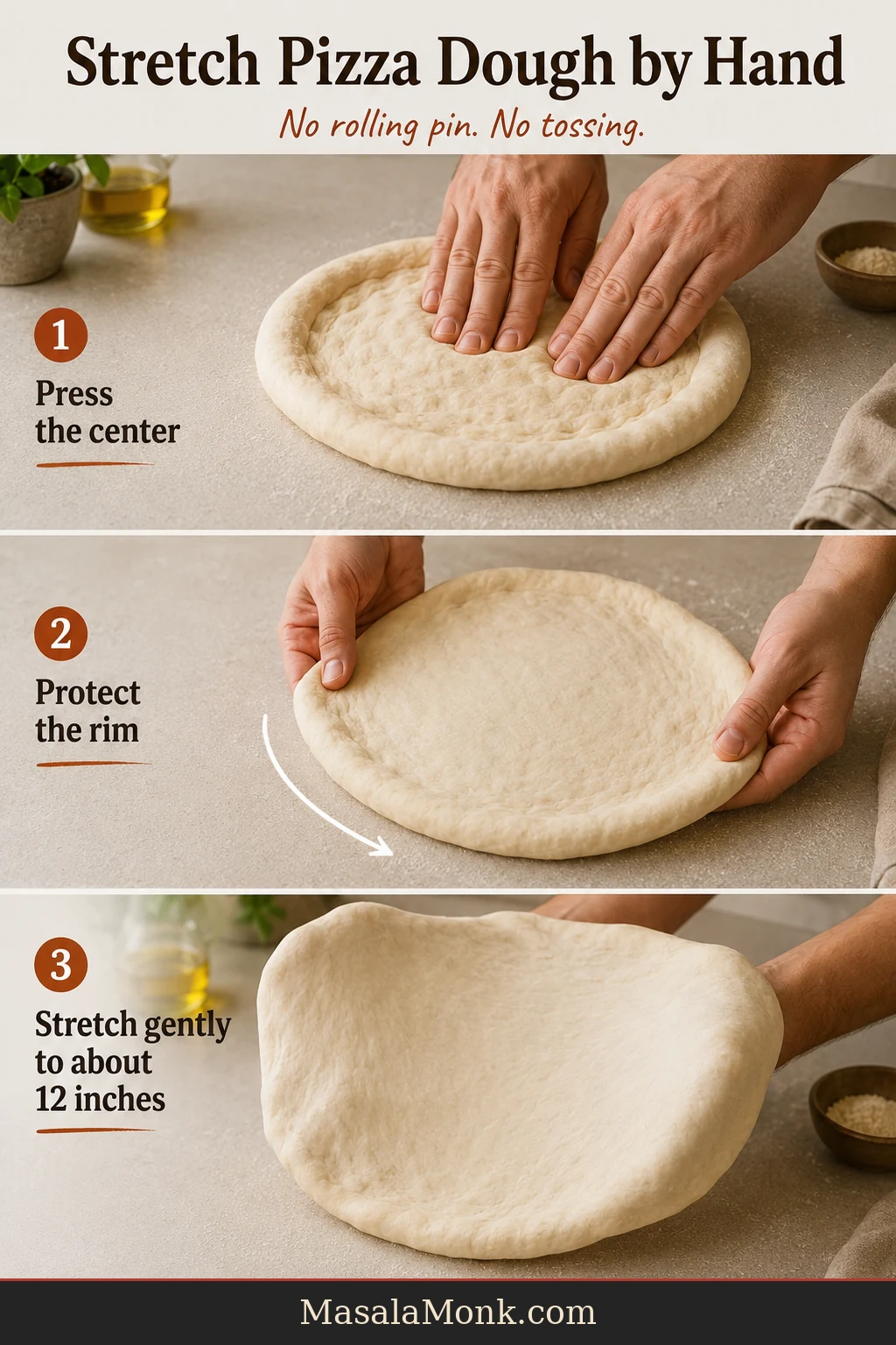 Hands pressing, rotating and widening pizza dough over the knuckles while preserving a thicker outer rim.