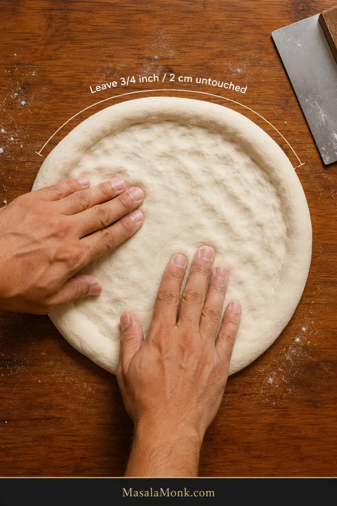 Hands pressing pizza dough outward from the center while leaving a raised outer border marked as ¾ inch or 2 cm untouched.