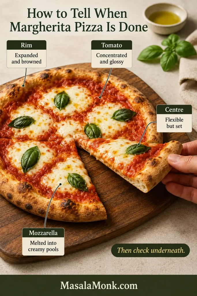 Finished Margherita pizza with callouts identifying a browned rim, glossy tomato, melted mozzarella and a gently flexible center.