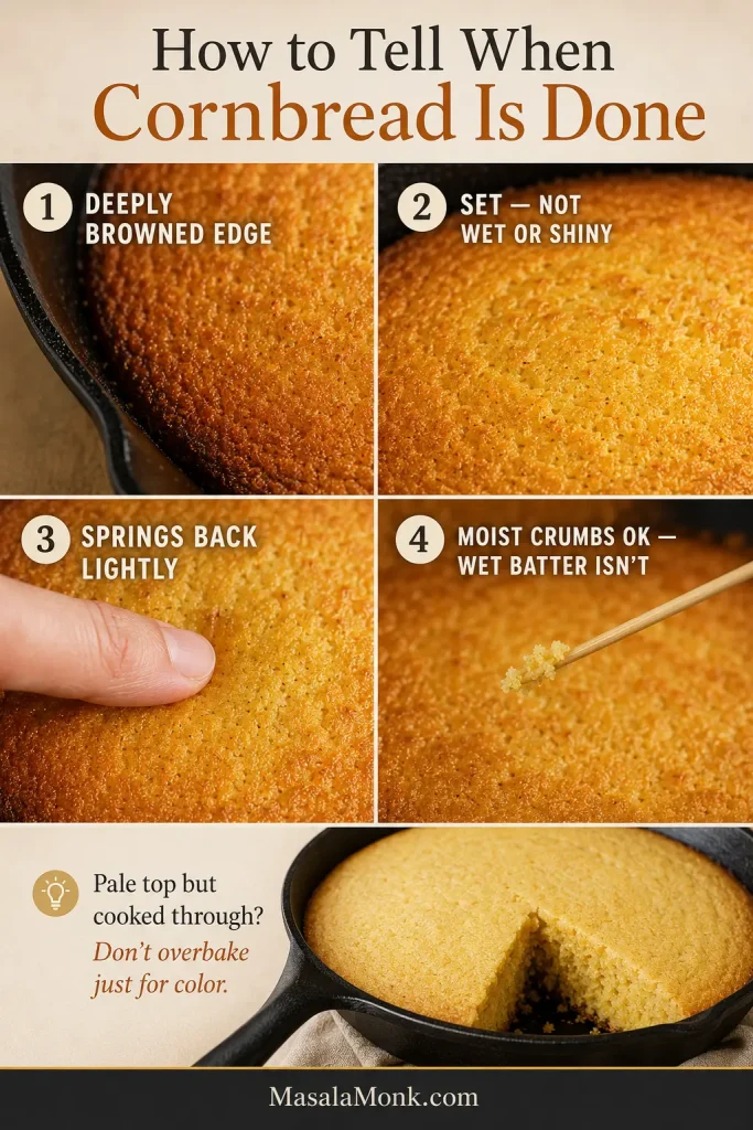 Cornbread doneness guide showing a browned edge, set center, gentle finger press, tester with moist crumbs and a paler fully cooked example.