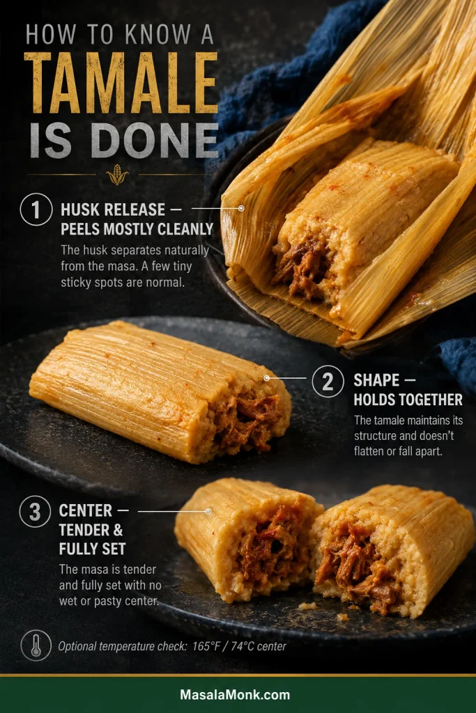 Tamale doneness guide showing mostly clean husk release, a tamale holding its shape, and a cut center with tender fully set masa, plus a small optional 165°F or 74°C temperature check.