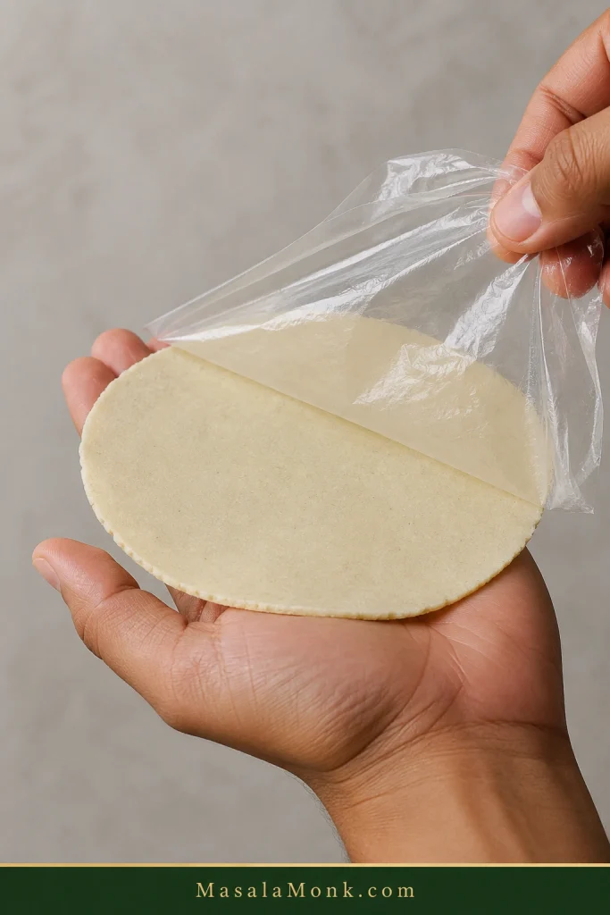 Hand supporting a thin raw corn tortilla while a clear plastic liner is peeled downward and away from the dough.