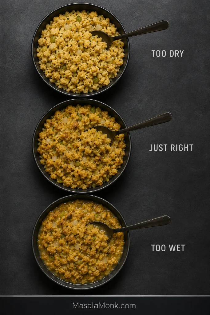 Three bowls compare cornbread dressing that is too dry, correctly moistened, and too wet with broth pooling around saturated crumbs.