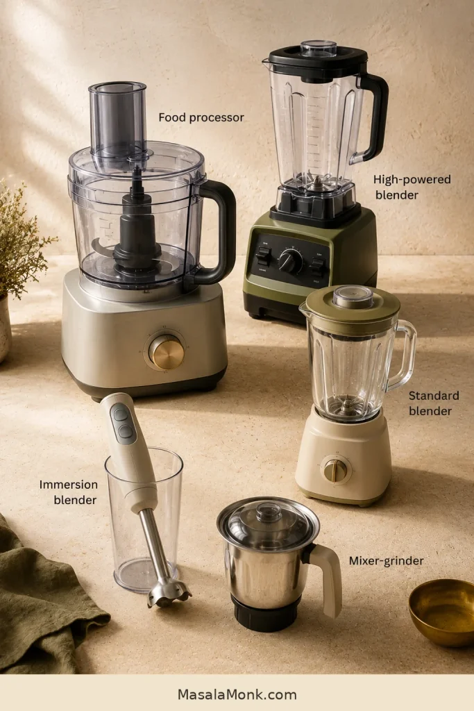 Labeled arrangement of a food processor, high-powered blender, standard blender, immersion blender and mixer-grinder.