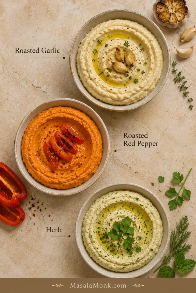 Three labeled bowls of roasted garlic, roasted red pepper and herb hummus on a warm stone background.