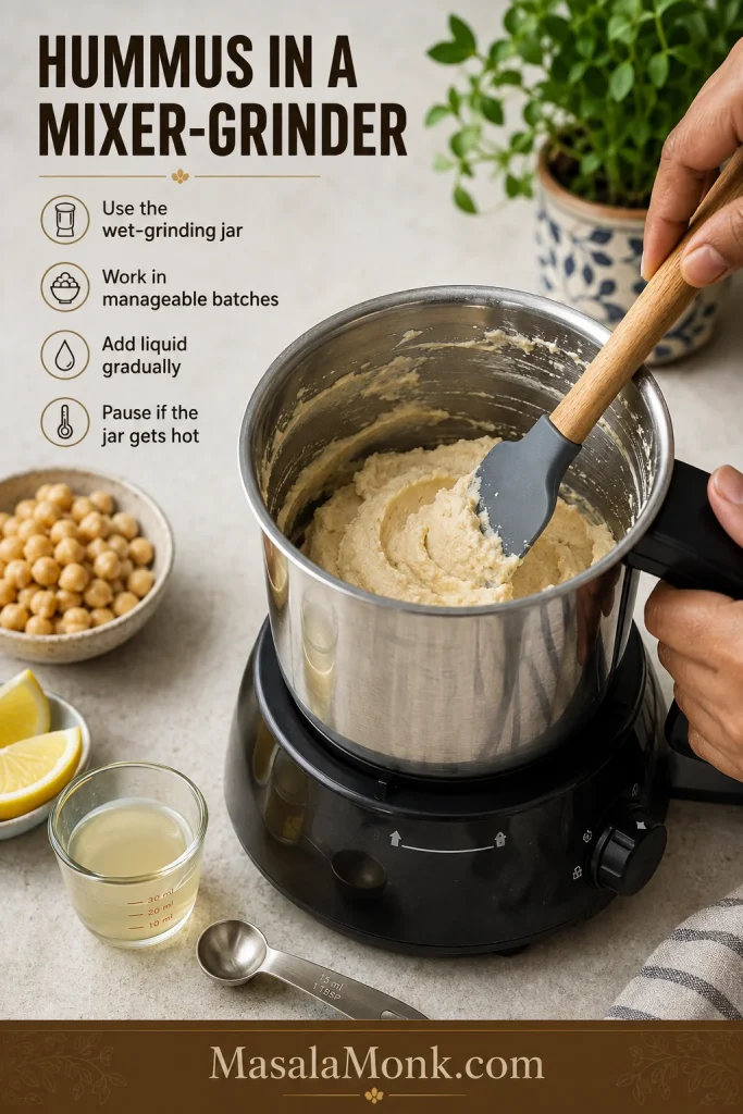 Creamy hummus inside a stainless steel Indian mixer-grinder wet jar with a spatula and measured liquid nearby.
