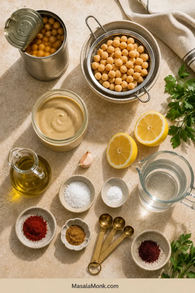 Overhead arrangement of canned chickpeas, tahini, lemon, garlic, salt, baking soda, cumin, cold water, olive oil and fresh herbs.