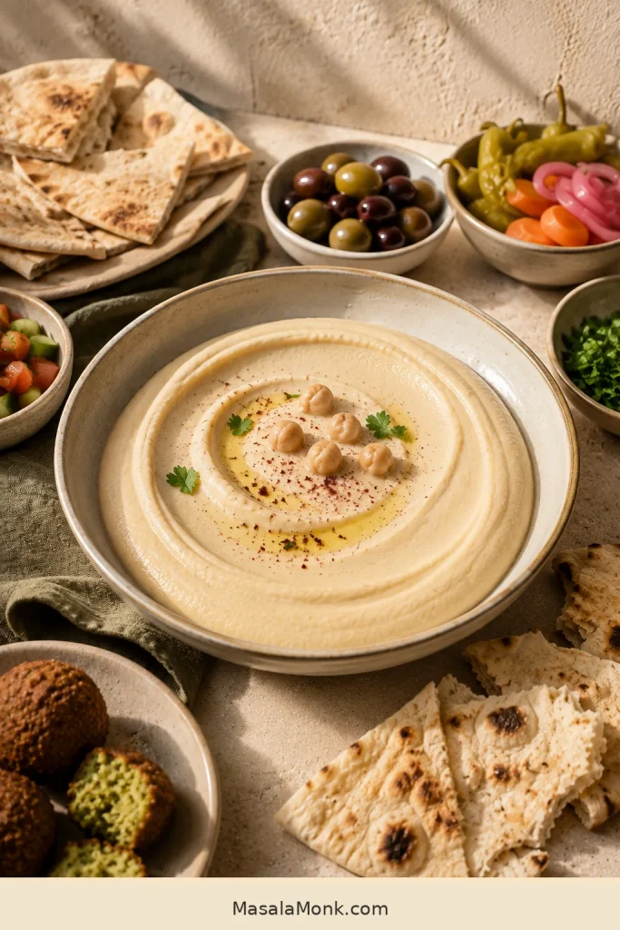 Large bowl of hummus surrounded by pita, olives, pickled vegetables, chopped salad, herbs and falafel on a mezze table.