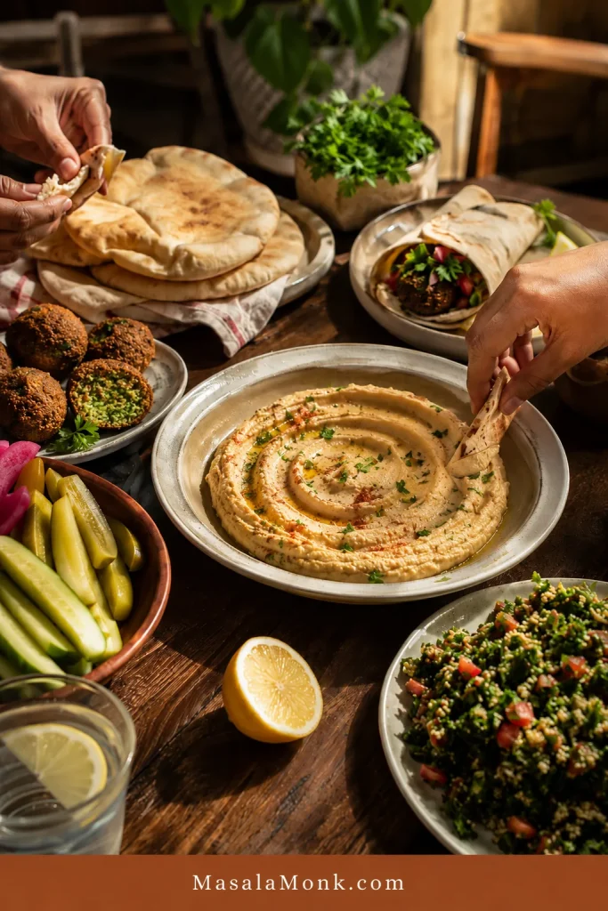 Shared table with creamy hummus, warm pita, plain falafel, cucumber, pickles, tabbouleh, lemon and hands reaching for the food.