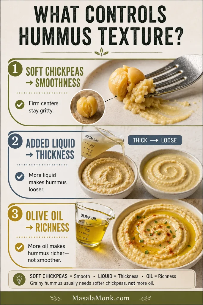 Guide showing soft chickpeas controlling smoothness, liquid controlling thickness and olive oil adding richness to hummus.