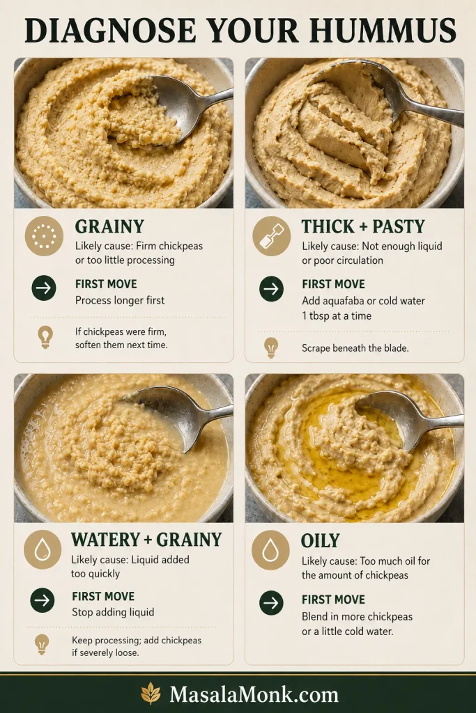 Troubleshooting guide comparing grainy, thick and pasty, watery and grainy, and visibly oily hummus.