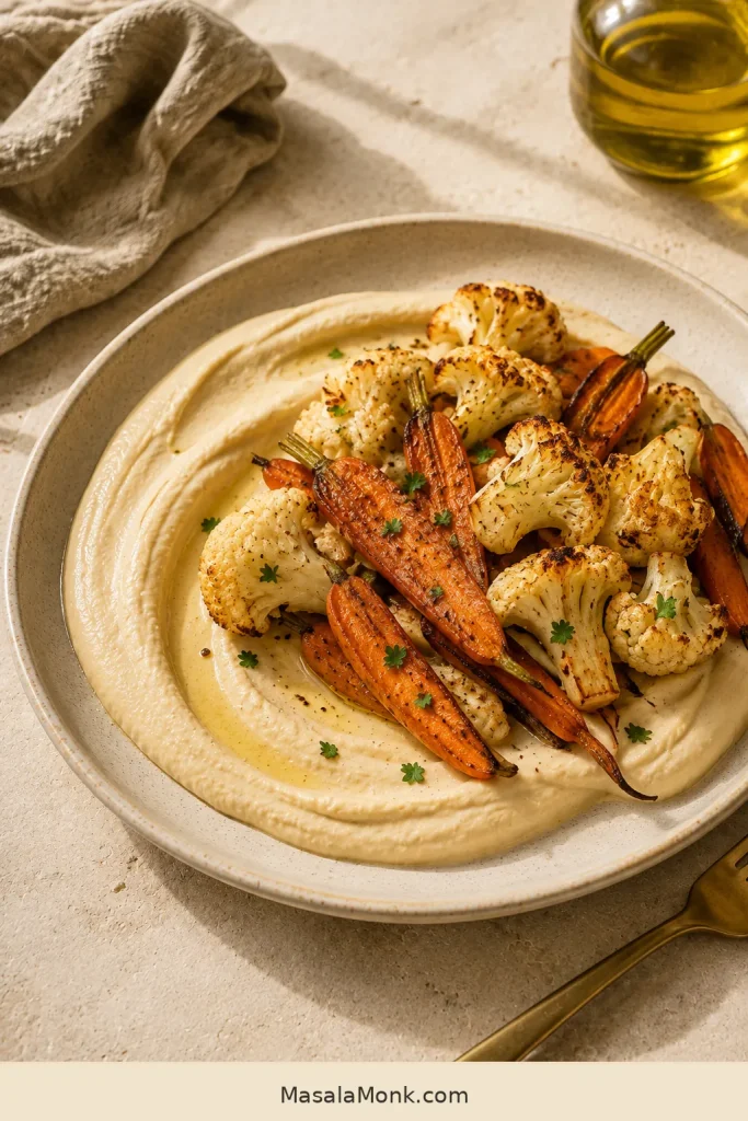 Roasted carrots and browned cauliflower arranged over a wide layer of hummus on a speckled neutral plate.
