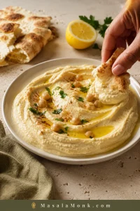 Creamy hummus without tahini in a shallow ceramic plate with olive oil, parsley, paprika, warm torn pita and lemon.
