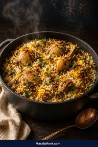 Open graphite pot of Hyderabadi chicken biryani with separate ivory and saffron basmati, bone-in chicken, fried onions and herbs.