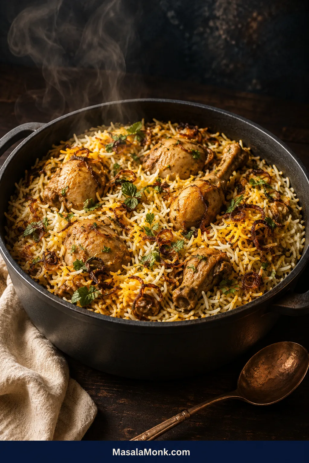 Open graphite pot of Hyderabadi chicken biryani with separate ivory and saffron basmati, bone-in chicken, fried onions and herbs.